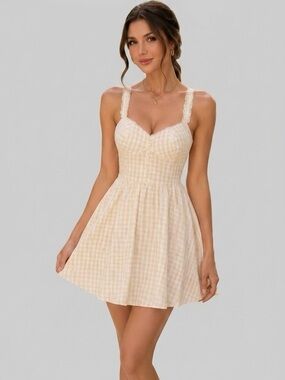 Yellow Gingham Mini Dress M Smocked Back Cottagecore Coquette Babydoll Summer